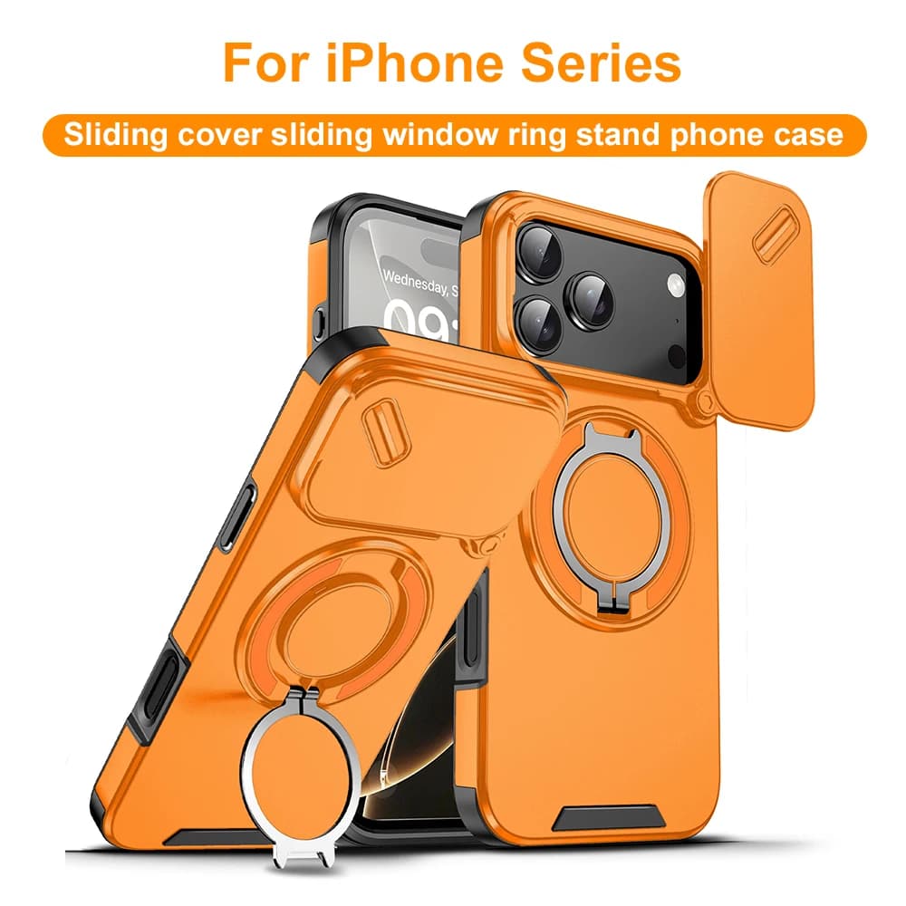 Magnetic Ring Stand Case for Apple iPhone 17 Air 16 15 14 13 12 Pro Max Plus With Sliding Camera Cover 360°Rotatable Kickstand
