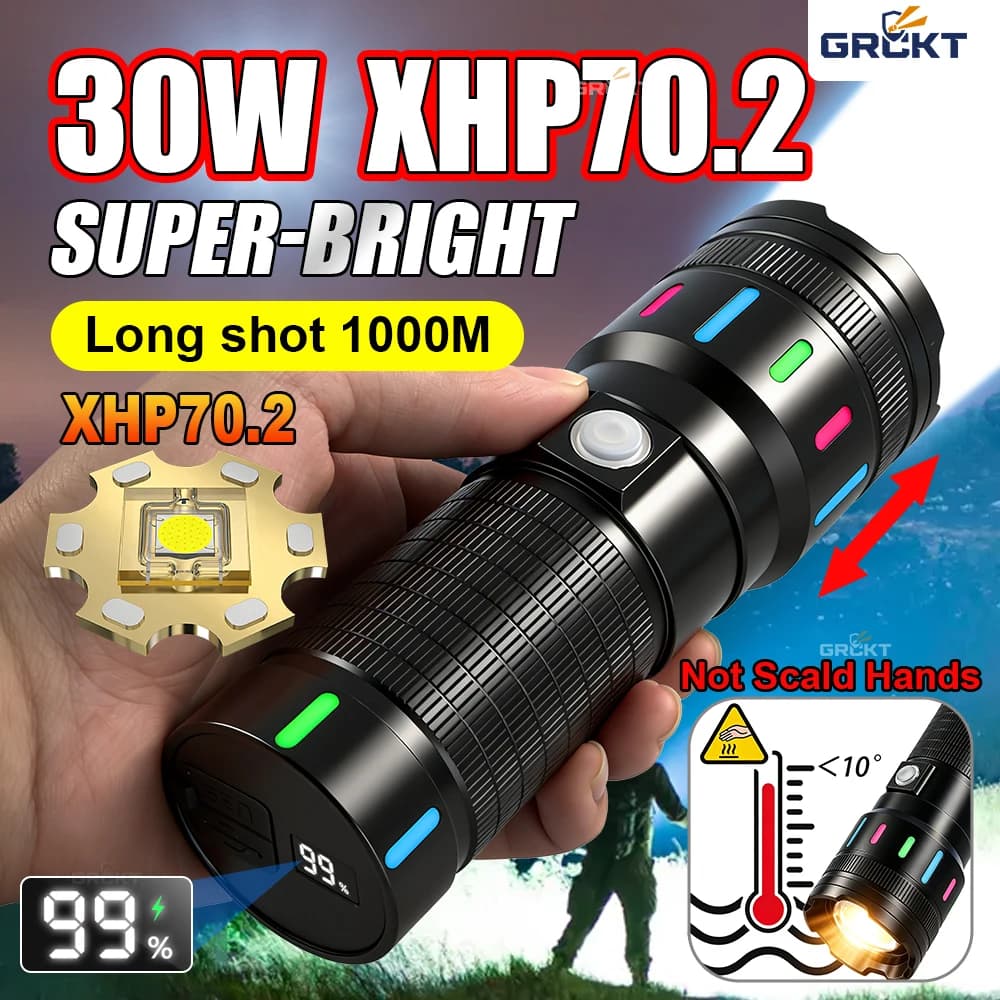 30W XHP70.2 Flashlights High Power Rechargeable USB C 5 Lighting Modes Battery White Laser Portable Outdoor Hiking Lantern 18650