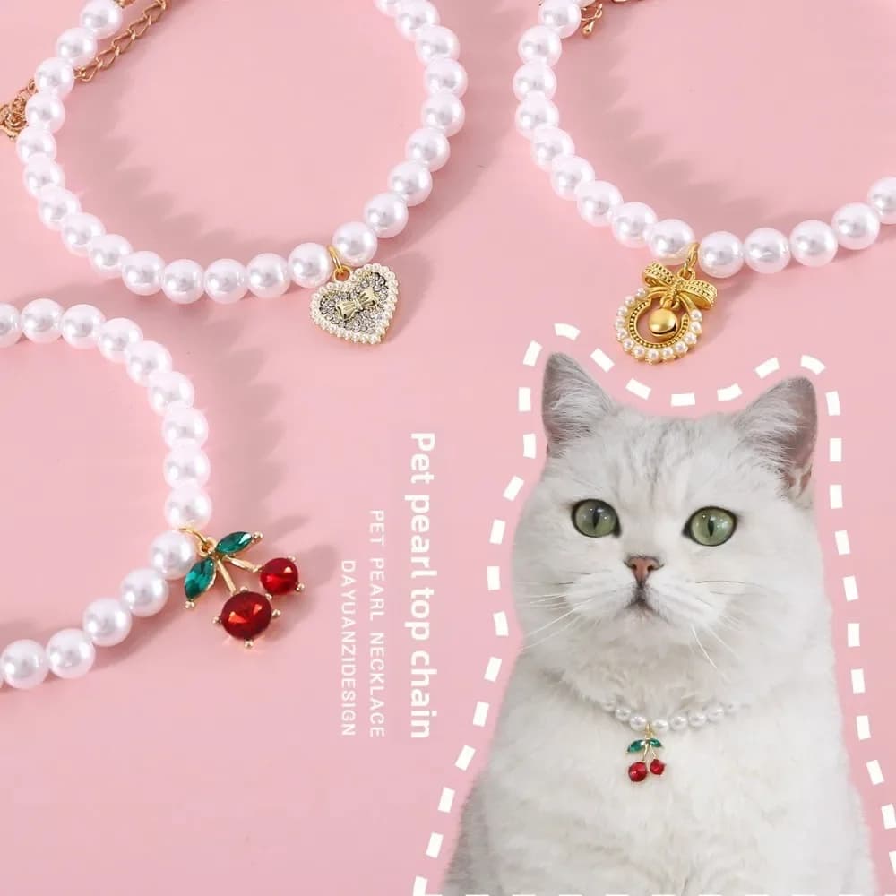 Collana con ciondolo fiocco amore perla ciliegia stile principessa animale domestico Collare antivento per cani Bichon per gatti