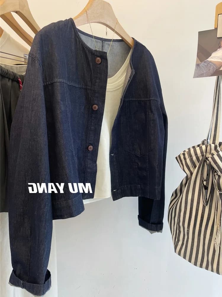 Retro Deep Blue round Neck Denim Jacket Short Casual Women's Spring Autumn Brand Buttoned European Style Short Cardigan Top