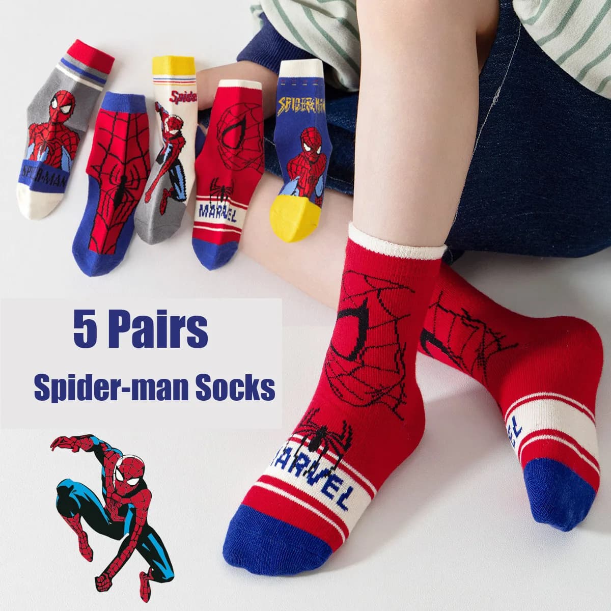 5 paia di calzini per bambini in cotone MARVEL Spiderman Calzini morbidi per anime Kawaii Calzini per bambini per bambini Calzini per bambini Cartoon MiddleTube 1-12 Y