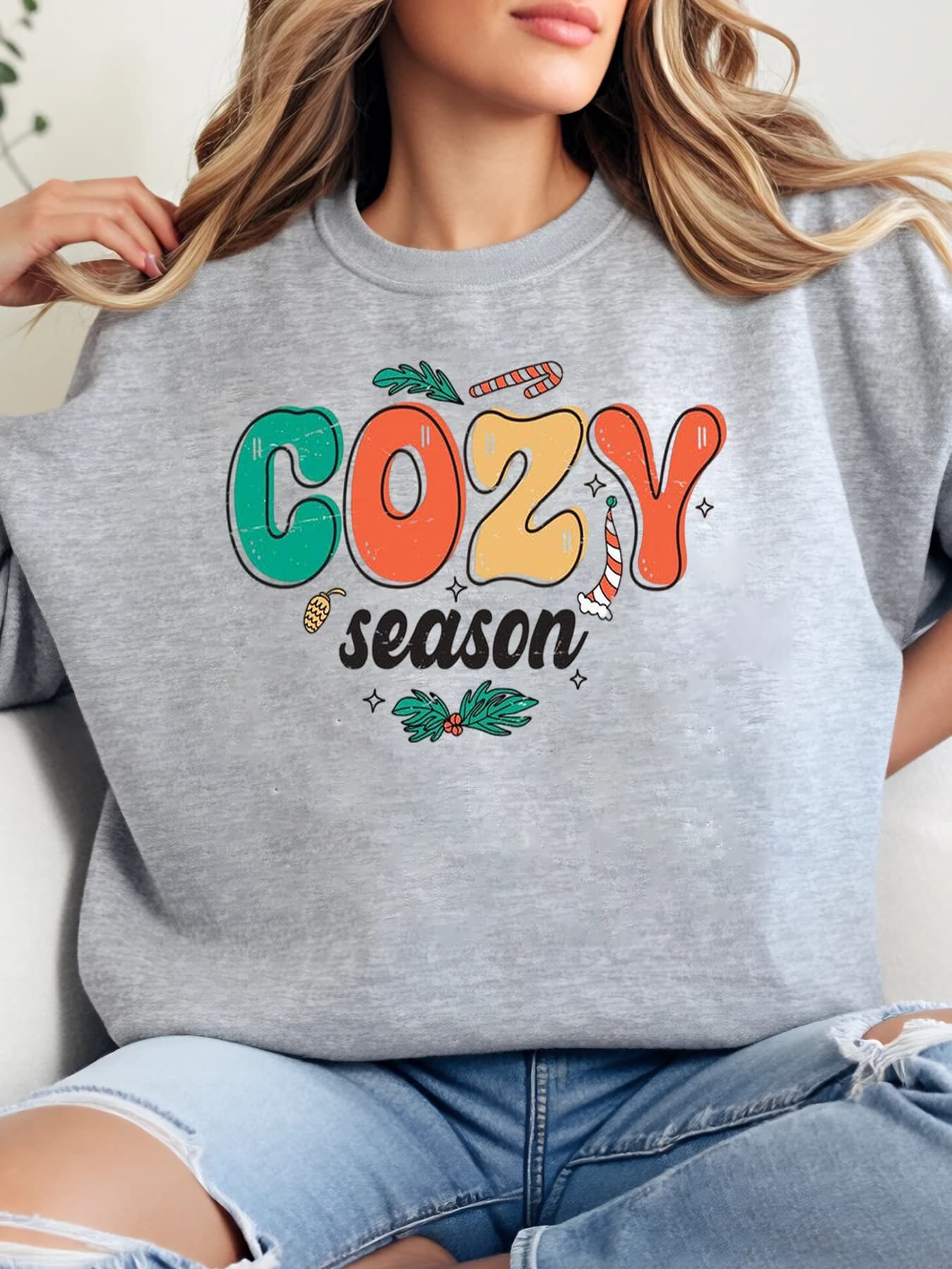 Women's cosy season Christmas print sweatshirt, casual clothing for winter holidays, grey strong sizes