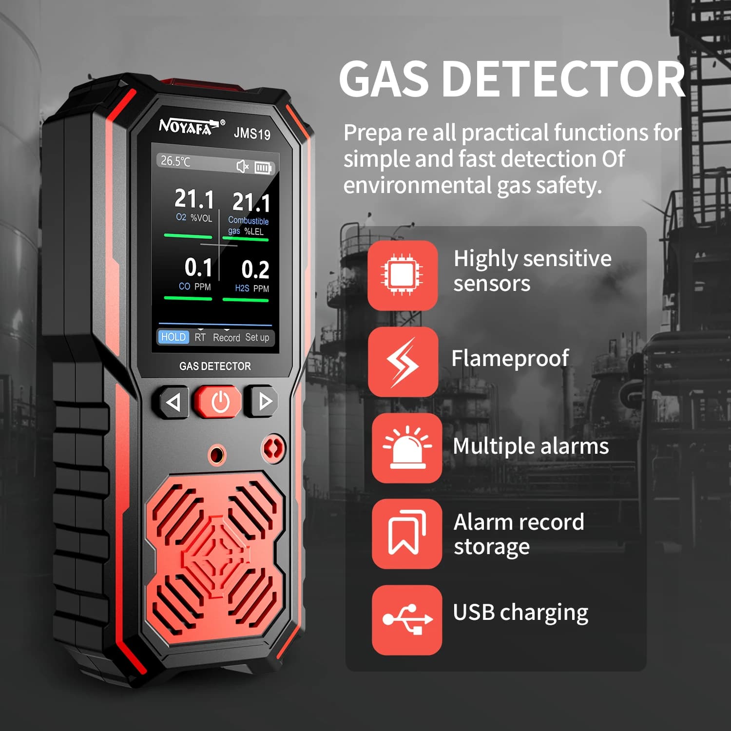 NOYAFA JMS19 Palmare 4 Gas Monito RileZIONE RANGE EX CO H2S O2 Rilevatore di gas Gas Monito Rilevamento perdite
