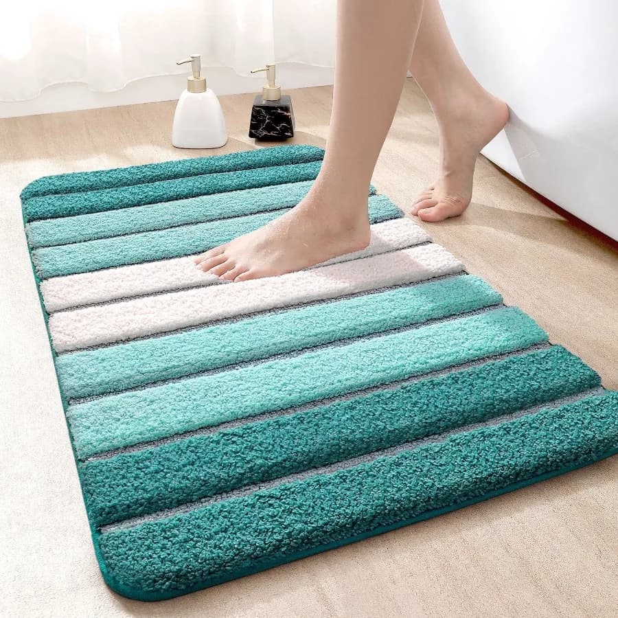 Bath Mat Bathroom Rug Absorbent Non-Slip Washable Shower Floor Mats Small Carpet 16"x24" Turquoise Teal and White