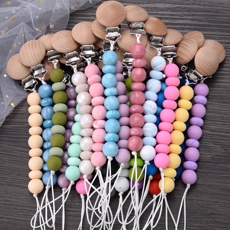 Clip per ciuccio in silicone senza BPA Catena con perline Porta clip fittizio Succhietto per dentizione Giocattolo da masticare Regalo per neonati