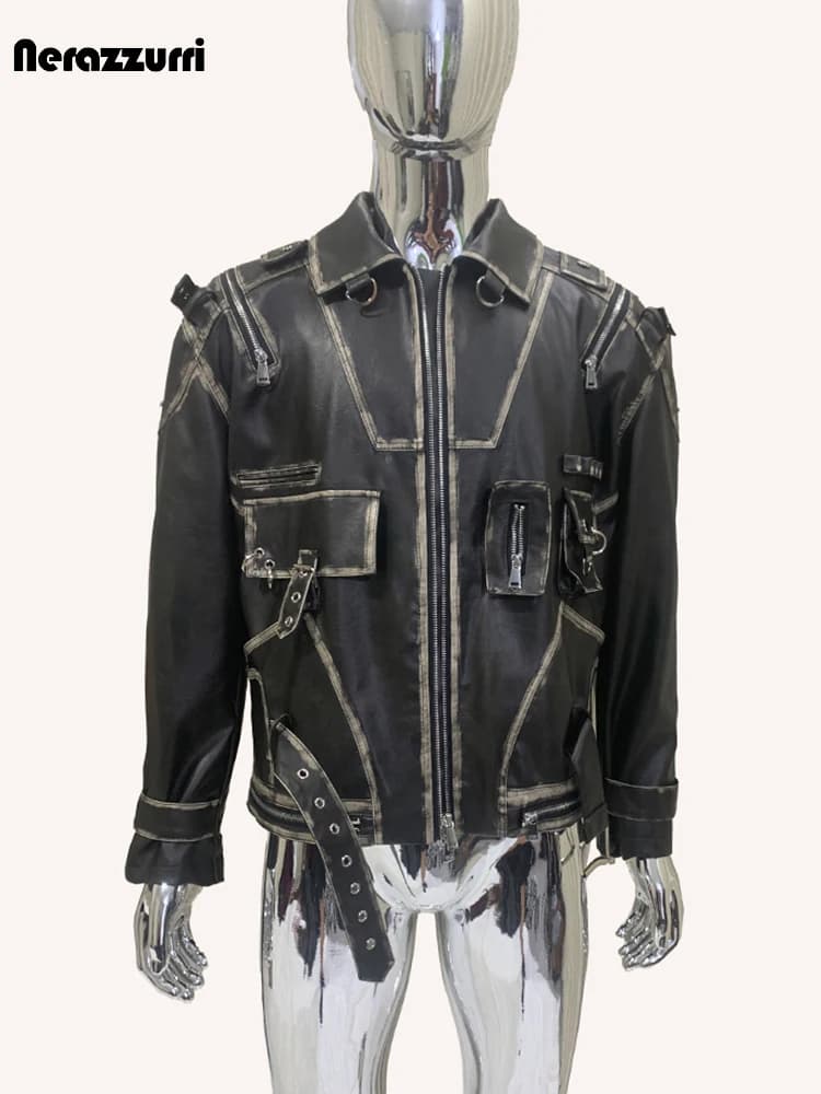Nerazzurri autunno Cool Handsome Distressed Black Pu Leather Jacket Men Turn-down Collar Belt Zipper Runway European Fashion 2024