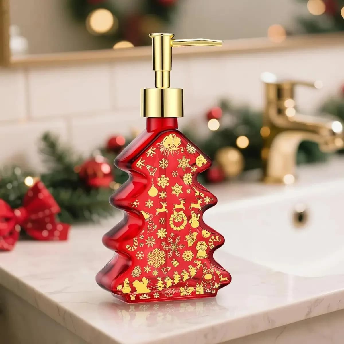 Christmas Soap Dispenser, 10 OZ Glass Gold Foil Tree Lotion Bottle with Gold Pump, Liquid Holder Bathroom Kitchen Holiday Decor