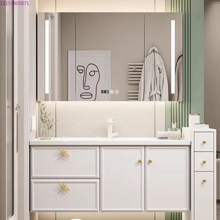 Mobile da bagno francese leggero in puro legno massello color crema francese, lavabo in ceramica integrato, combinazione intelligente