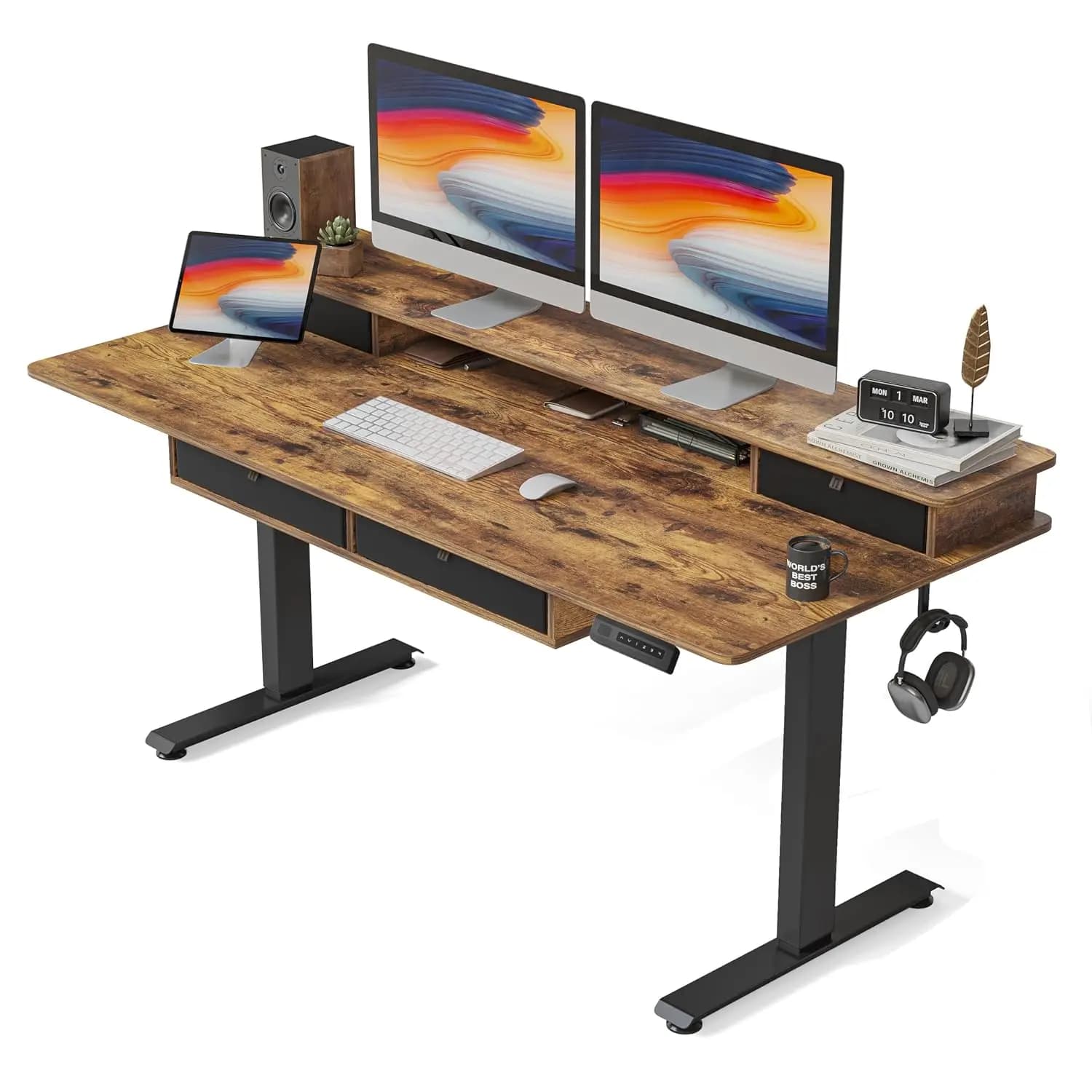 Standing Desk With 4 Drawers & Monitor Shelf, Adjustable Table For Study Gaming Workstation, 60"x30" Rustic Brown, Customized