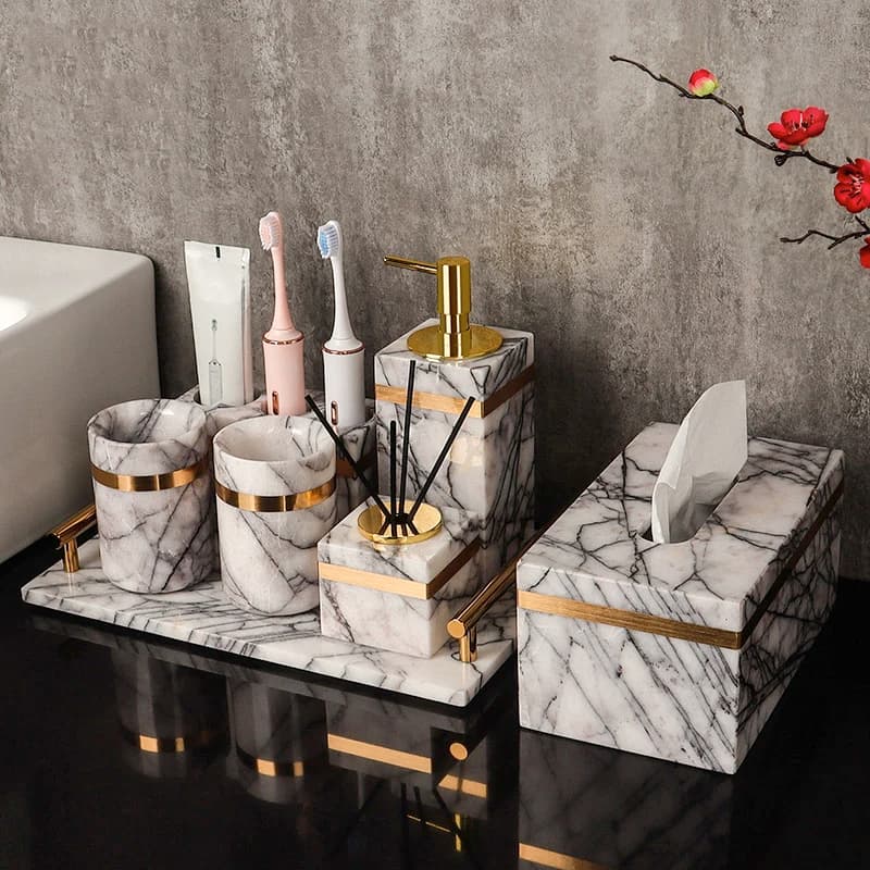 Set di accessori per il bagno in marmo lilla Dispenser di sapone in pietra di lusso portaspazzolino portaspazzolino portasapone Set da bagno