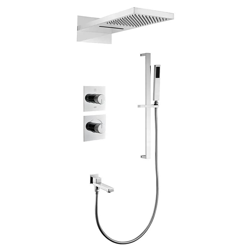 Wall shower set for hotel and house, in matt black copper, with waterfall and rain jet, hot and cold water.