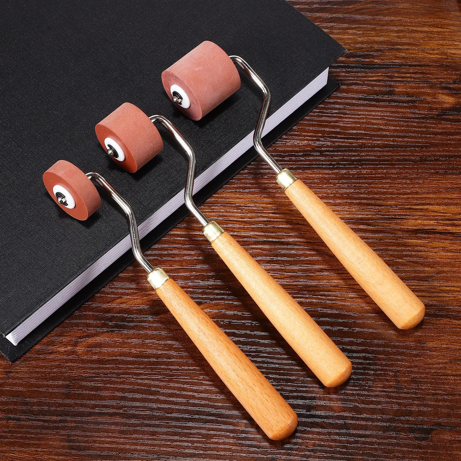 Set of 3 Rubber Rollers for Printing, Engraving Instrument, Ink Roller, Collar 1cm 2cm 3cm, Wood and Metal Ergonomic