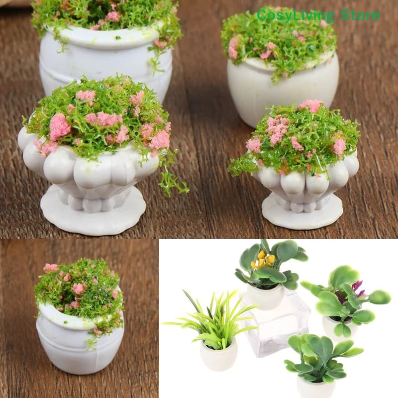 1/2Pcs Mini Green Plant Bonsai Flower Pots Desktop Decoration Furniture 1:12 Accessories