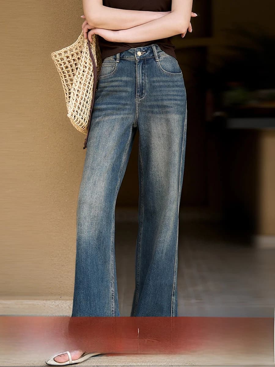 Jeans Xhange Vintage a Gamba Larga da Donna, Casual a Vita Alta, Taglio Dritto, Moda Primavera, Pantaloni Lunghi Effetto Snellente