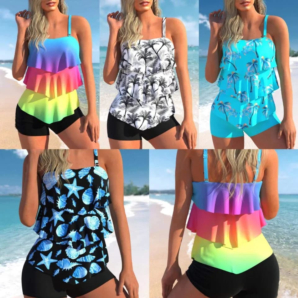 2025 New Conservative Swimwear Bellflower Gradient Color Flat Angle Tankini Swimsuit Nylon Material round Neck for Women