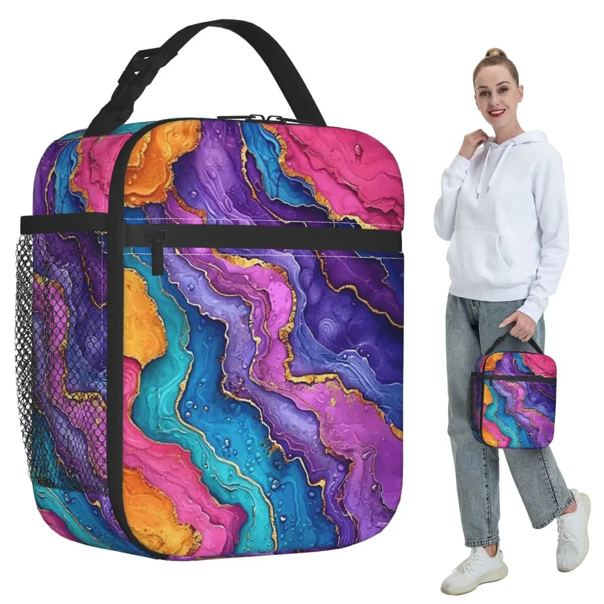 Thermal Bag for Luxury Lunch in Blue-Viola Golden Marble for Women, Thermal Container Portable for Food