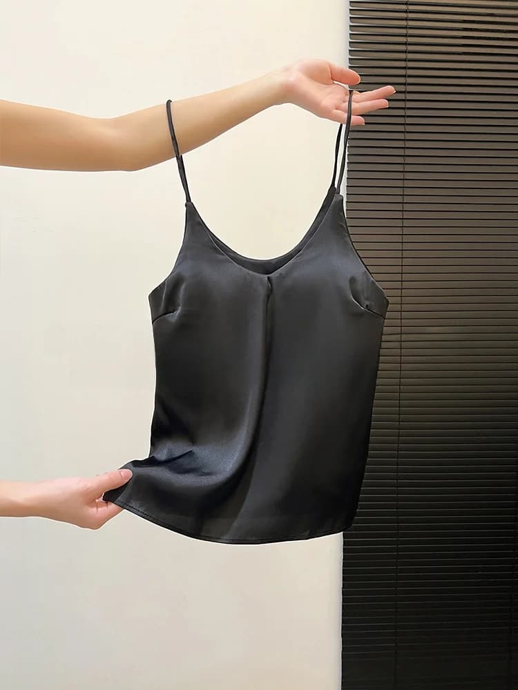 Top Nero in Seta con Scollo a V da Donna, Intimo/Abbigliamento Esterno, Base Layer con Imbottitura sul Petto, in Raso di Seta Acetato