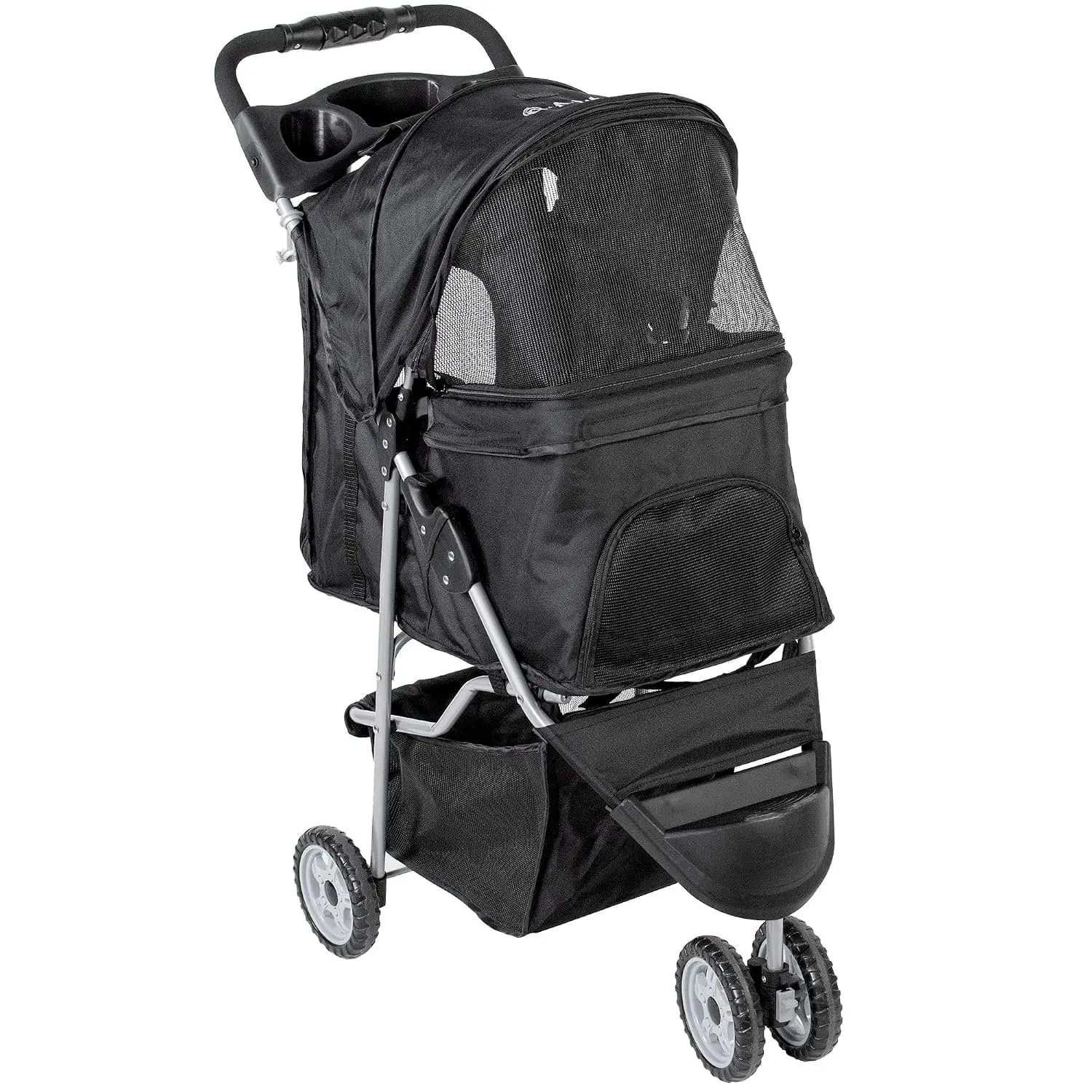 3 Wheel Pet Stroller for Cats & Dogs, Foldable Carrier Cart, Up to 30 lbs, Black