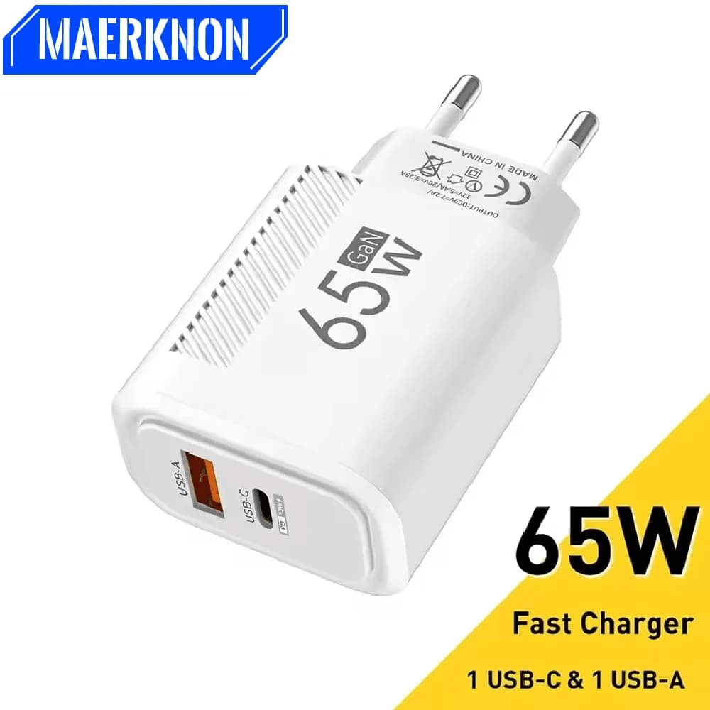 Caricatore USB C GaN 65W QC3.0 Adattatore per caricabatterie per telefono a ricarica rapida per iPhone Samsung Xiaomi Caricatore da muro con spina UE/USA a ricarica rapida