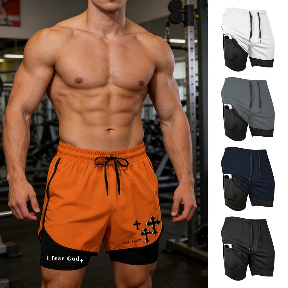 Pantaloncini sportivi da uomo con stampa creativa a croce, ad asciugatura rapida, 2 in 1, casual, traspiranti, da spiaggia, estivi, per fitness all'aperto, ciclismo
