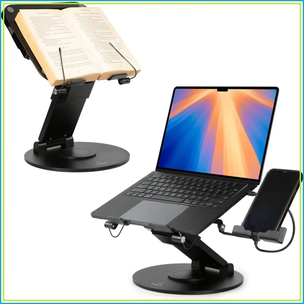 3-in-1 Adjustable Laptop Stand, Book Stand & Phone Holder - 360° Rotating, Height 2-21", Ergonomic Office Desk Accessory