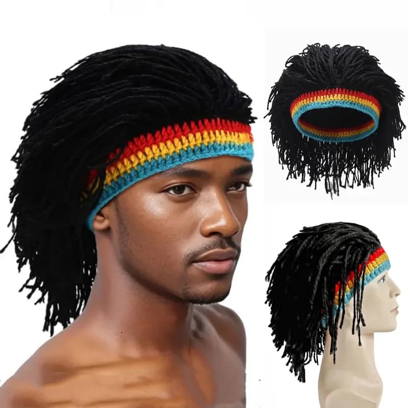 Reggae Wig Beanie Cap False Braid Dreadlocks Wigs African Jamaica Handmade Crochet Knit Hat Halloween Cosplay Party Wig Headwear