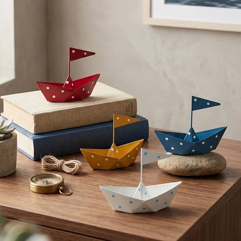 Metal Origami Paper Boat Figurine Nautical Home Decor Polka Dot Sailboat Model Desktop Ornament for Living Room Bookshelf Office