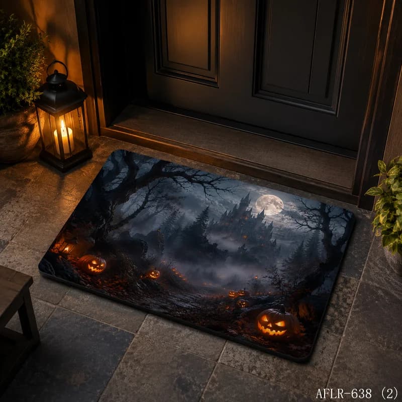 VIKAMA Halloween Spooky Castle Pumpkin Doormat Full Moon Dark Forest Print Non Slip Front Entryway Holiday Decor Floor Mat