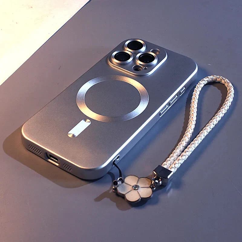 Luxury Matte Plating Metal Paint Magnetic Case for IPhone 17 16 15 14 Plus 13 12 11 Pro Max For Magsafe Lanyard Soft Tpu Cover