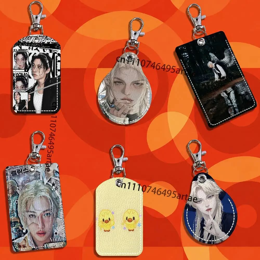 F-Felix Lee S-SKZ Rectangle ID Card Case Keychain Access Card Bag Key Tag Ring Leather Card Holder Key Ring