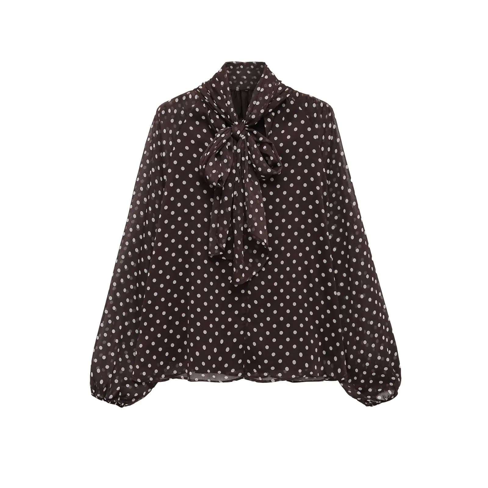 Fashionable woman's shirt with simple bow and polka dots, European and American style, wide blouse with long sleeves, casual spring summer top
