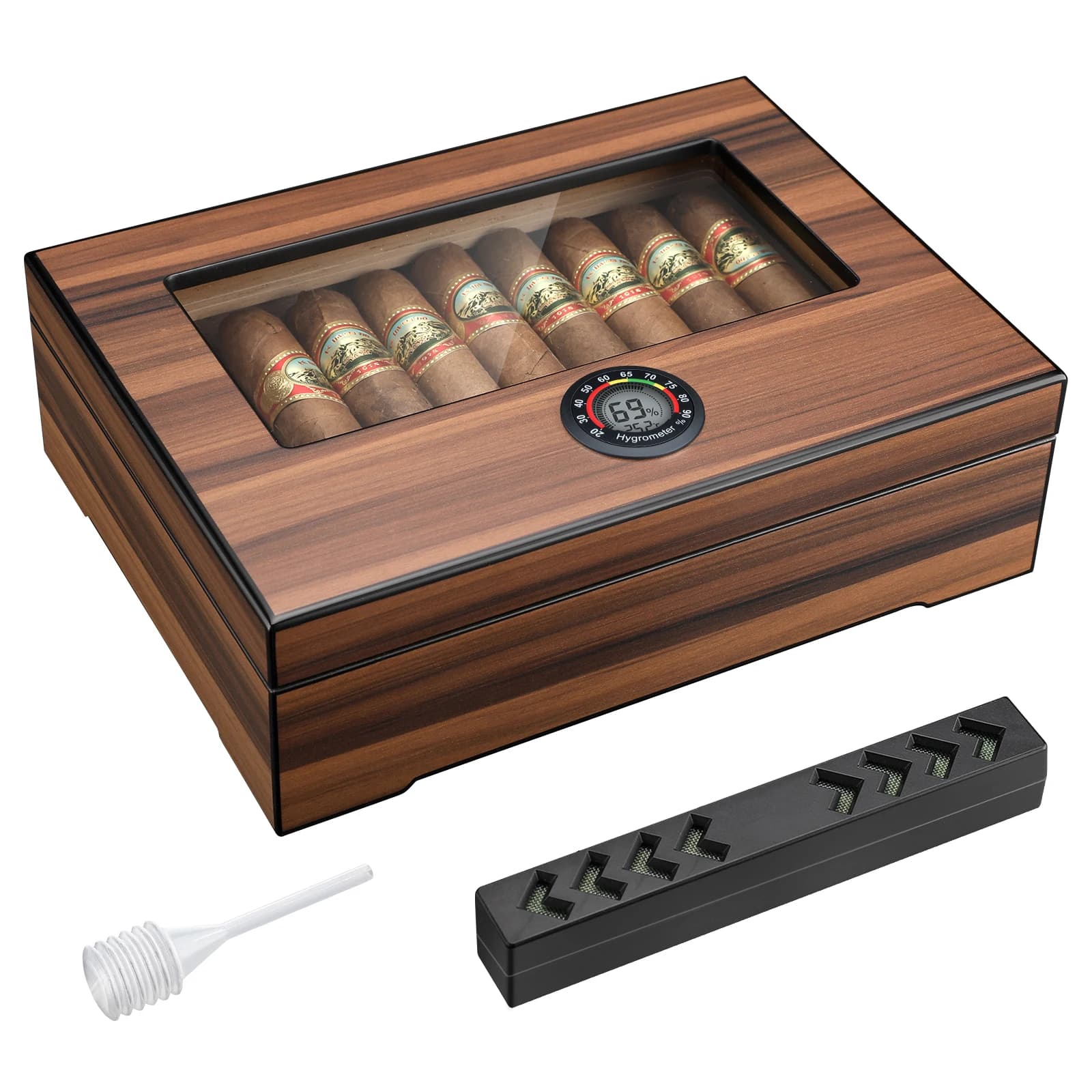 Humidor per Sigari con Umidificatore e Igrometro, Scatola per Sigari in Legno di Cedro con Divisorio, Accessori Regalo per Uomini