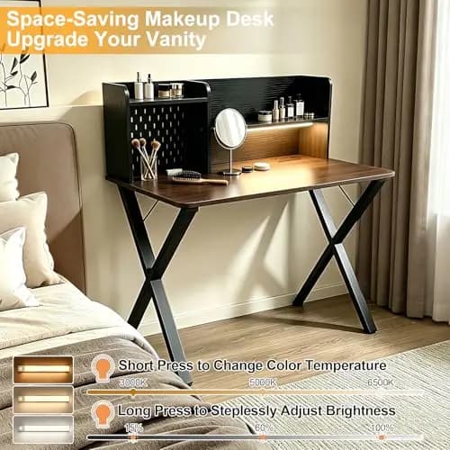 Scrivania moderna da 44 pollici con illuminazione a sensore di movimento, pensile, organizer a pannello forato e porte di ricarica USB per l'home office o