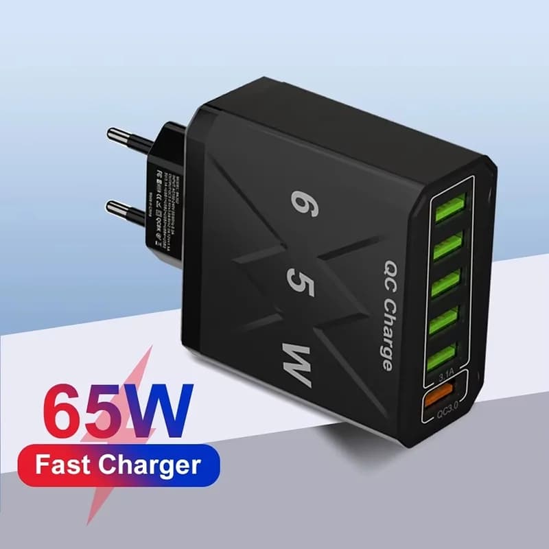 Caricatore USB a 6 porte da 65W per ricarica rapida, adattatore di alimentazione per cellulari iPhone, Xiaomi, Huawei, con spina EU/US/KR, caricatore rapido da parete.