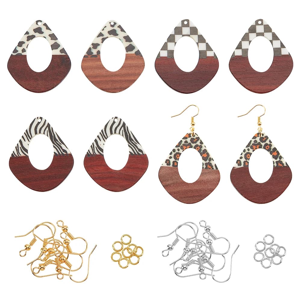 Earring Making Kits Including Resin Walnut Wood Pendants Brass Earring Hooks Brass Jump Rings Teardrop Creamy White 48.5x41x3mm