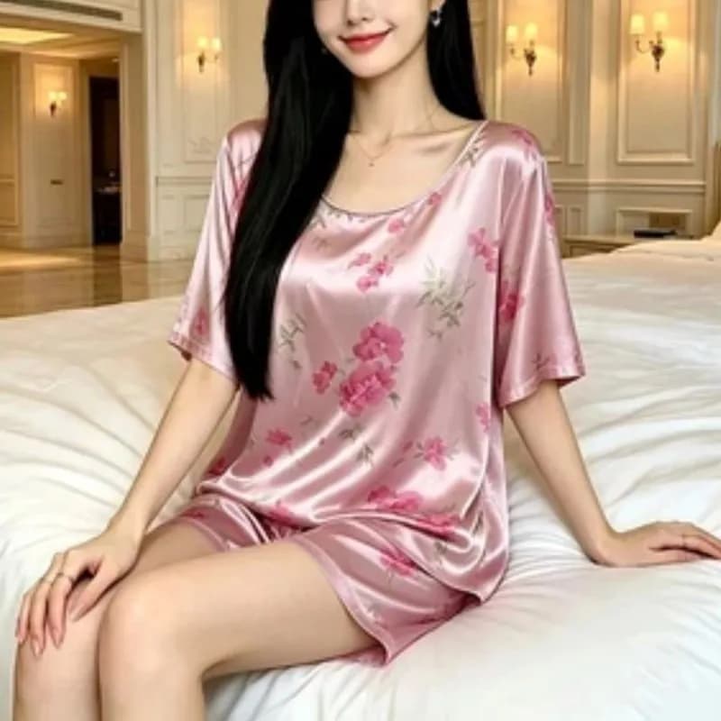 New Summer Men Women Pajama Sets Printed Satin Silk Short Sleeves Top And Shorts Soft Silky Plus Size Couple Sleepwear Homewear