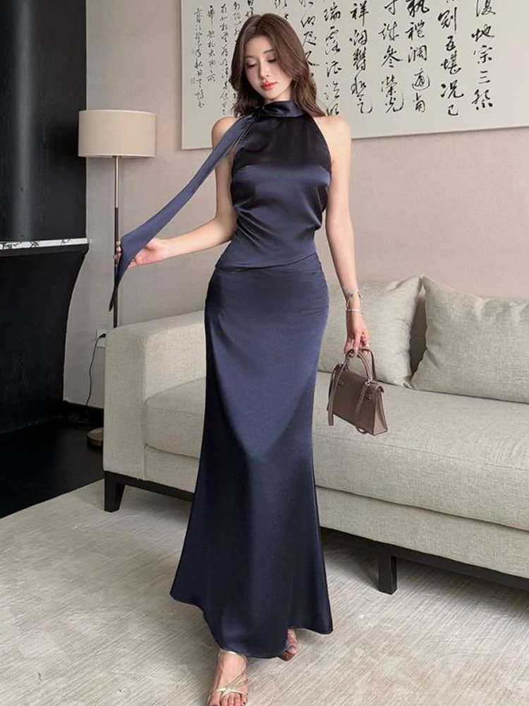 Completo da donna in raso blu navy a 2 pezzi: top con scollo all'americana e fiocco e gonna lunga a sirena – Elegante outfit formale per feste, casual estivo per tutti i giorni