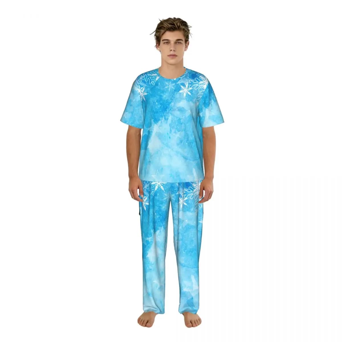 Set pigiama da uomo estivo a maniche corte + pantaloni lunghi, abbigliamento da notte, abbigliamento per la casa, pigiami natalizi con fiocchi di neve e stelle
