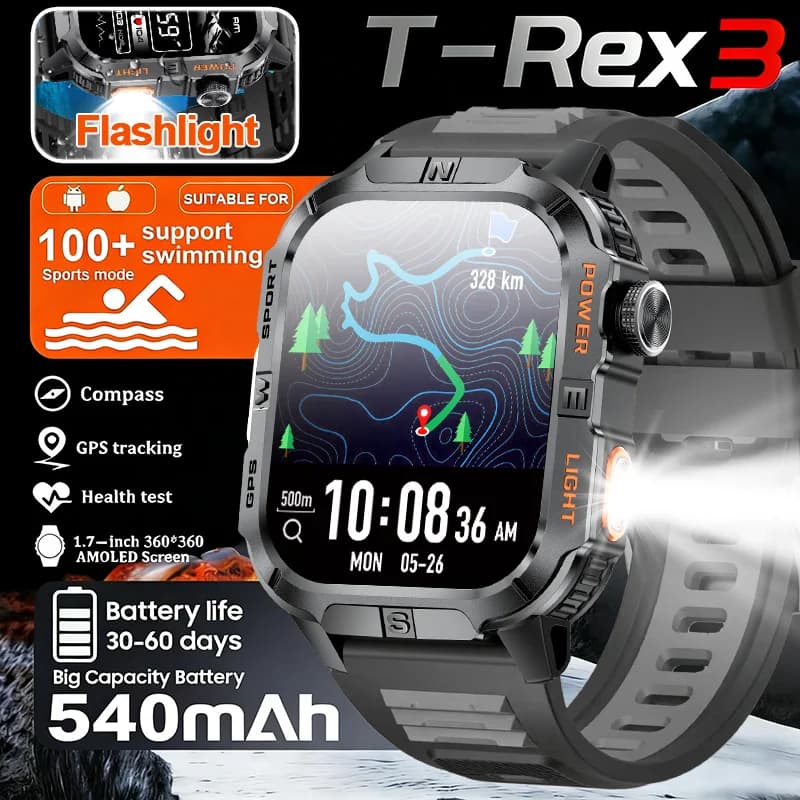 2026 T-REX3 Nuovo orologio intelligente militare da esterno per uomo con GPS Chiamata Bluetooth 2.01 ''AMOLED 3ATM Orologio sportivo impermeabile intelligente