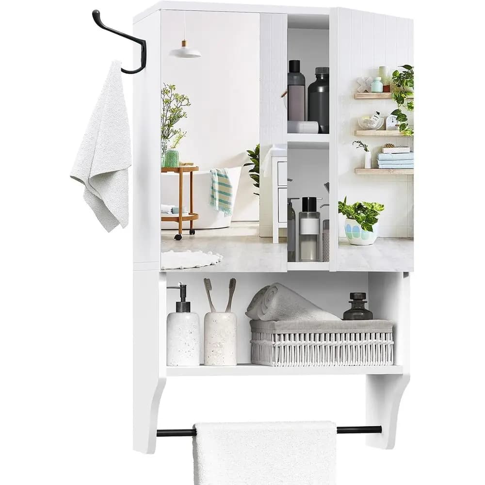 Mobiletto da Bagno Bianco a Parete con Specchio, 2 Ante e Ripiano Regolabile, Armadietto Sopra WC con Porta Asciugamani