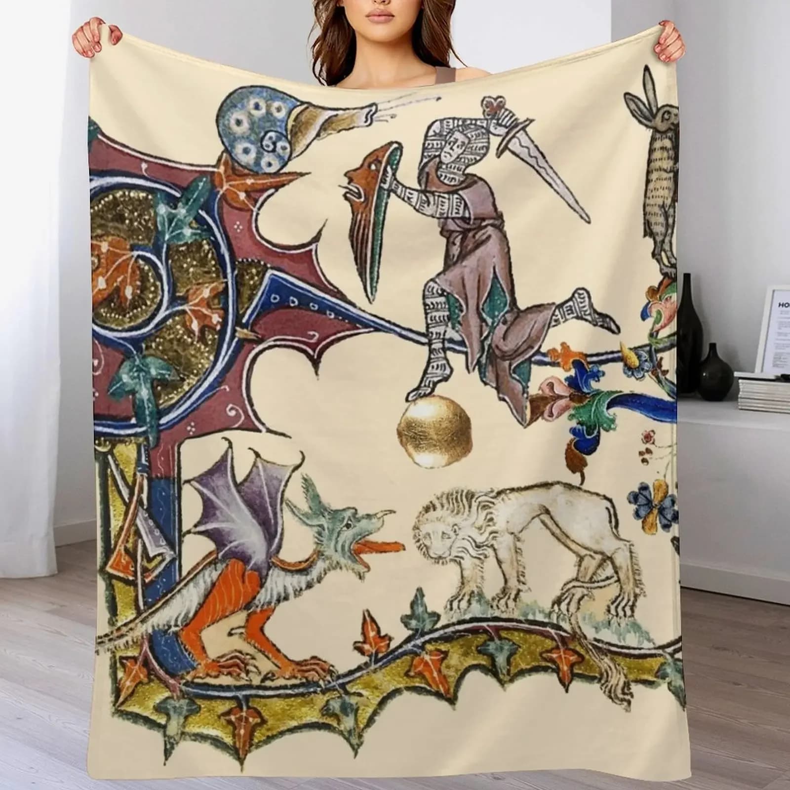 WEIRD BESTIARY,MEDIEVAL KNIGHT FIGHTING SNAIL,DRAGON AND LION by Bulgan Lumini Throw Blanket Sleeping Bag Nap Blankets