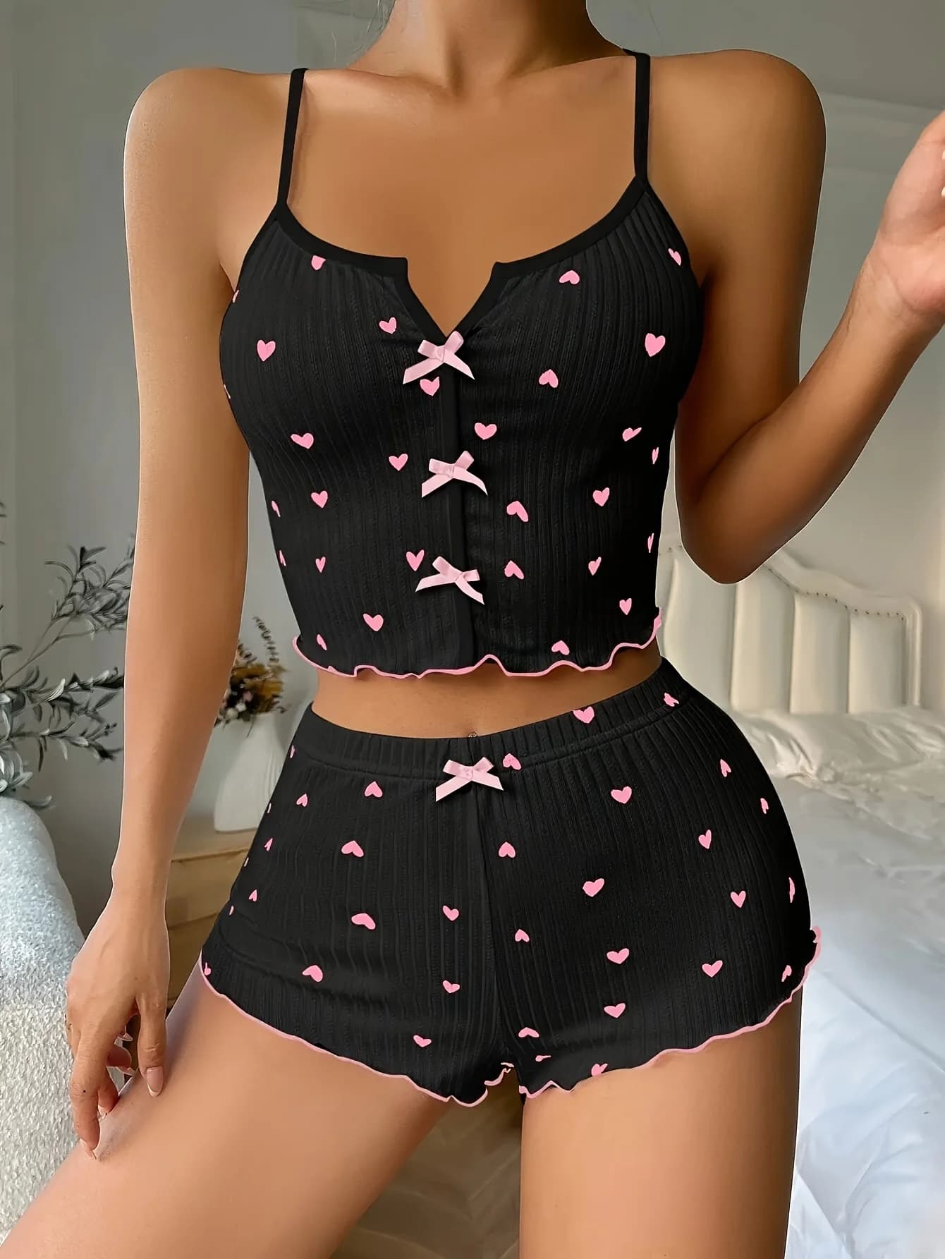 1 set sexy pajamas for women, tops and shorts with spaghetti strap with love heart print, knitted fabric nightwear for all seasons, homewear
