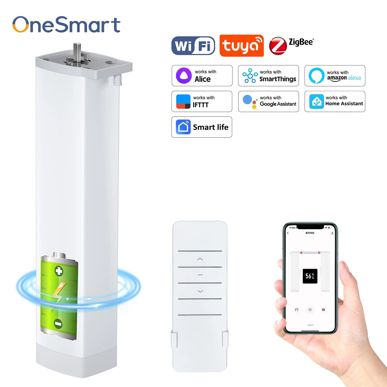 OneSmart Battery Version Tuya Zigbee Electric Automatic Smart Curtain Motor Support Home Assistant Google Assistant Alexa