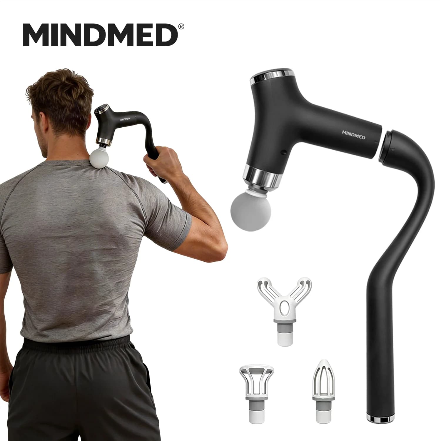 MINDMED Long Sleeve Massage Gun Stackable for Back Textiles, Muscular Massage for Back, Collo, Spalle and Body Recovery with 12 Speed and 4 Heads