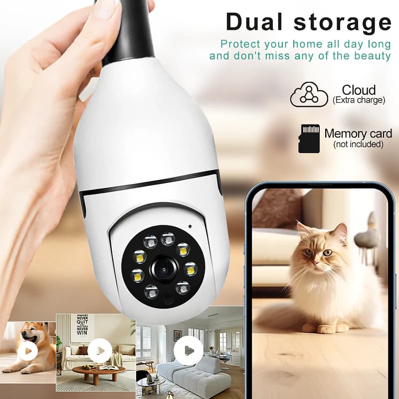 Telecamera PTZ Wireless HD 1080P WiFi, Telecamera di Sicurezza Intelligente per Casa, Visione Notturna, Sorveglianza CCTV, Baby Monitor, Lampada con Presa