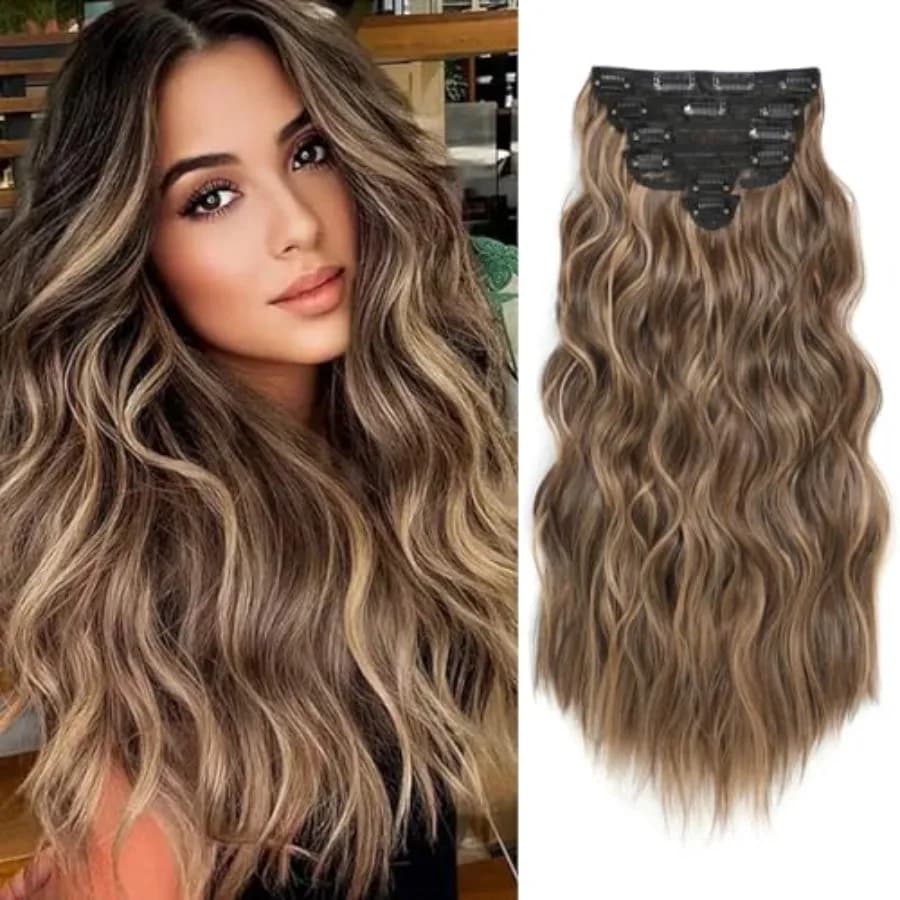 Clip in Hair Extensions for Women, 6PCS Long Wavy Curly Clip on Hair Extensions 20 Inch Honey Blonde Mixed Light Brown Syntheti