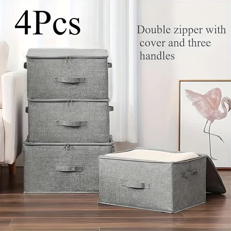 4pcs, Extra-large Foldable Cationic Storage Box, Waterproof Storage, Bed Sheet Organizers, Foldable Storage And Organization Boxsuitable For Wardrobes, Bedrooms, Kitchens, Books, Multi-functional Storage And Organization Box(dual Zippers, 3 Handles)