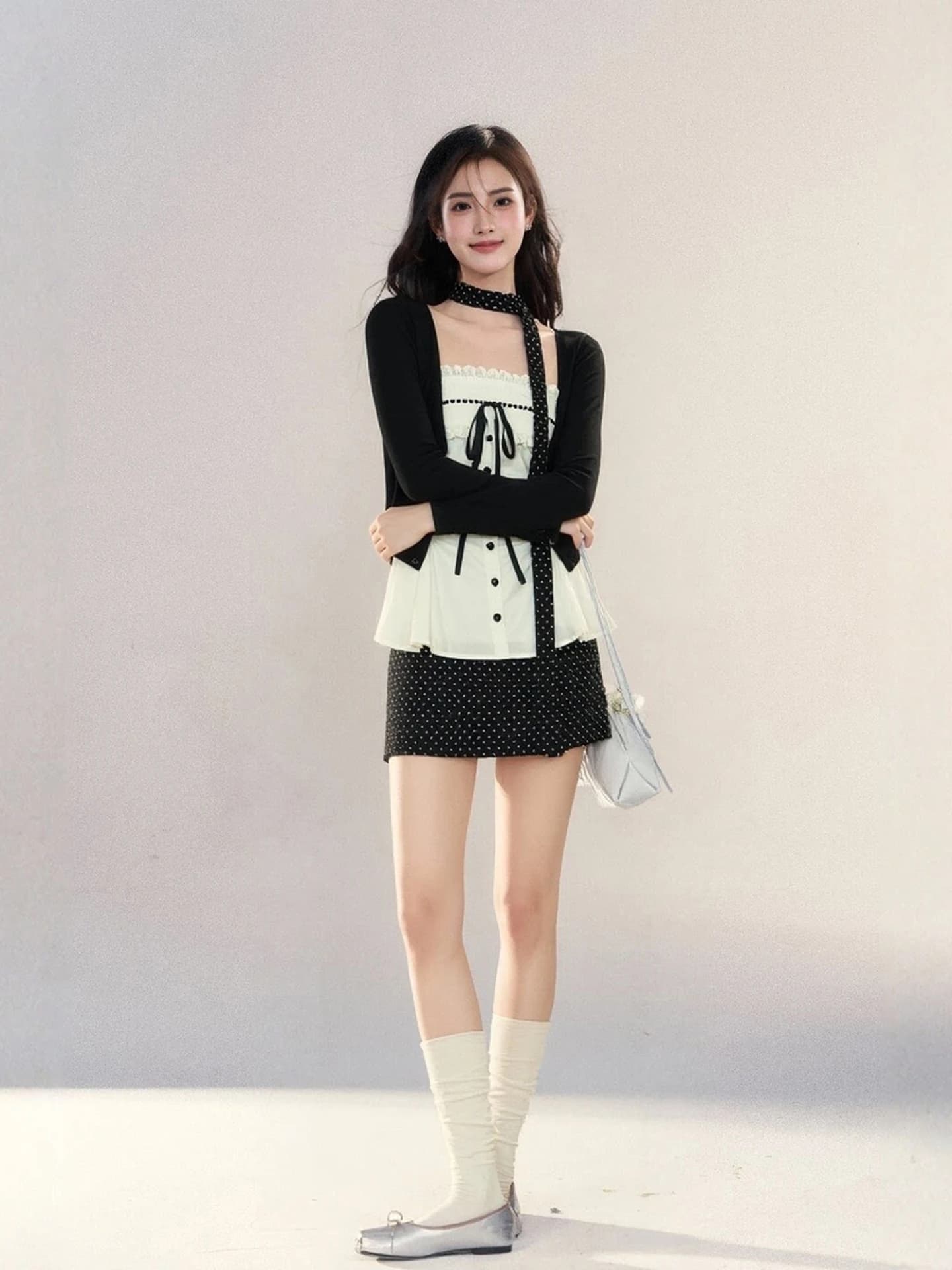LIXIAOWAN Cardigan lavorato a maglia con nodi in pizzo, gonna corta a pois e top a tubino, set di tre pezzi alla moda da donna