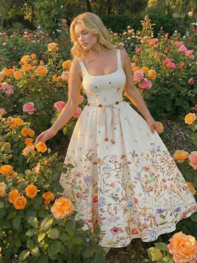 Plus Size Apricot Printed Beaded Belt Long Dress, Square Neck, Suitable For Spring/Summer Outings And Vacations