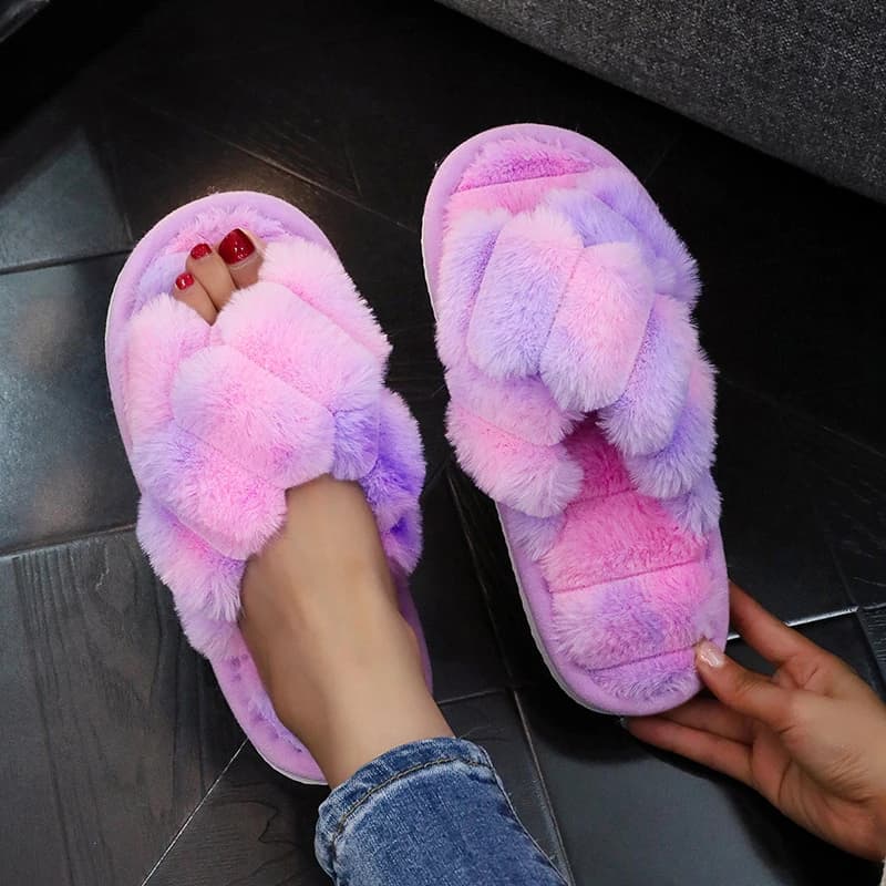 Fashion Design Cross Strap Fluffy Fur Slippers Women Comfortable Soft Flat Sole Home Slides Women Light Open Toe Plush Slippers